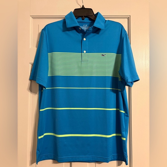 Vineyard Vines Other - Vineyard Vines M Performance Polo Blue/Lime Striped Golf Shirt